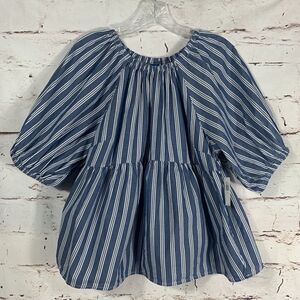 Old Navy Puff Sleeve Blue Stripe Blouse Medium Tiered Babydoll Festival Top